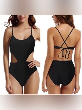 NWOT Zeraca Black Cut-Out One-Piece Monokini Swimsuit Cross-Back High Waist - S